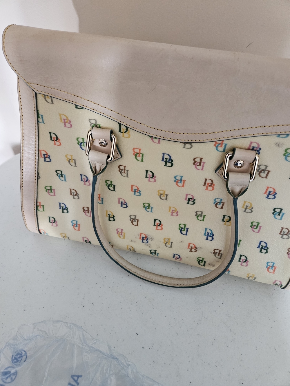 Dooney & Bourke Cream Multicolor DB Logo Satchel with Heart Tag - Picture 6 of 6